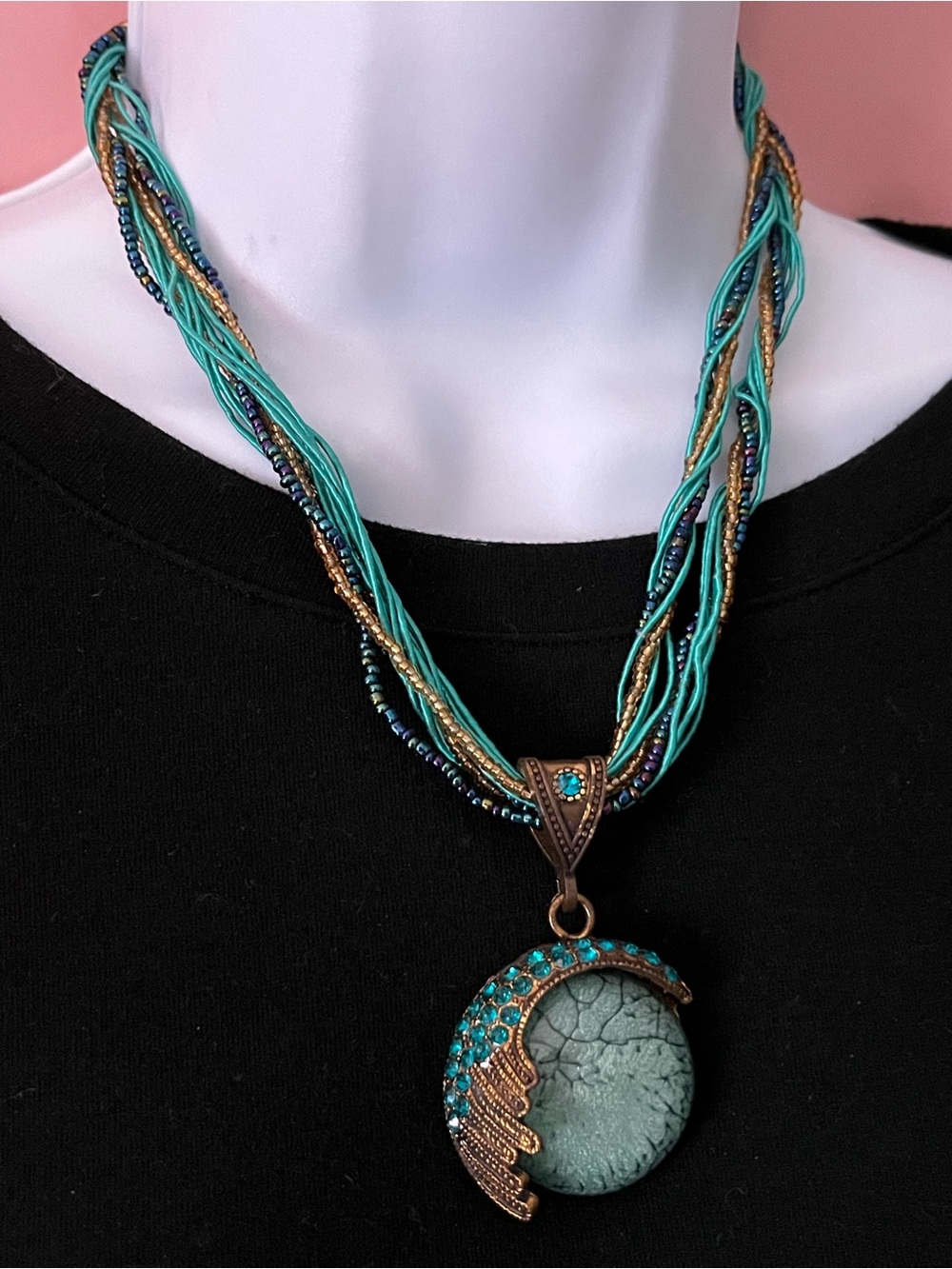 Stunning Peacock Estate Turquoise Crystal Deco Crescent Necklace Bronze Mermaid